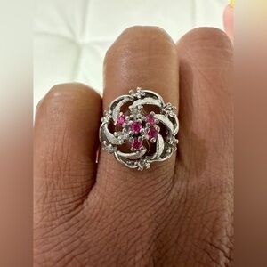 Vintage-Inspired Silver & Pink Crystal Flower Ring (Size 6)